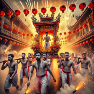 Thai festival goers in white clothing and face paint in vegetarian parade with float in Phuket and fireworks