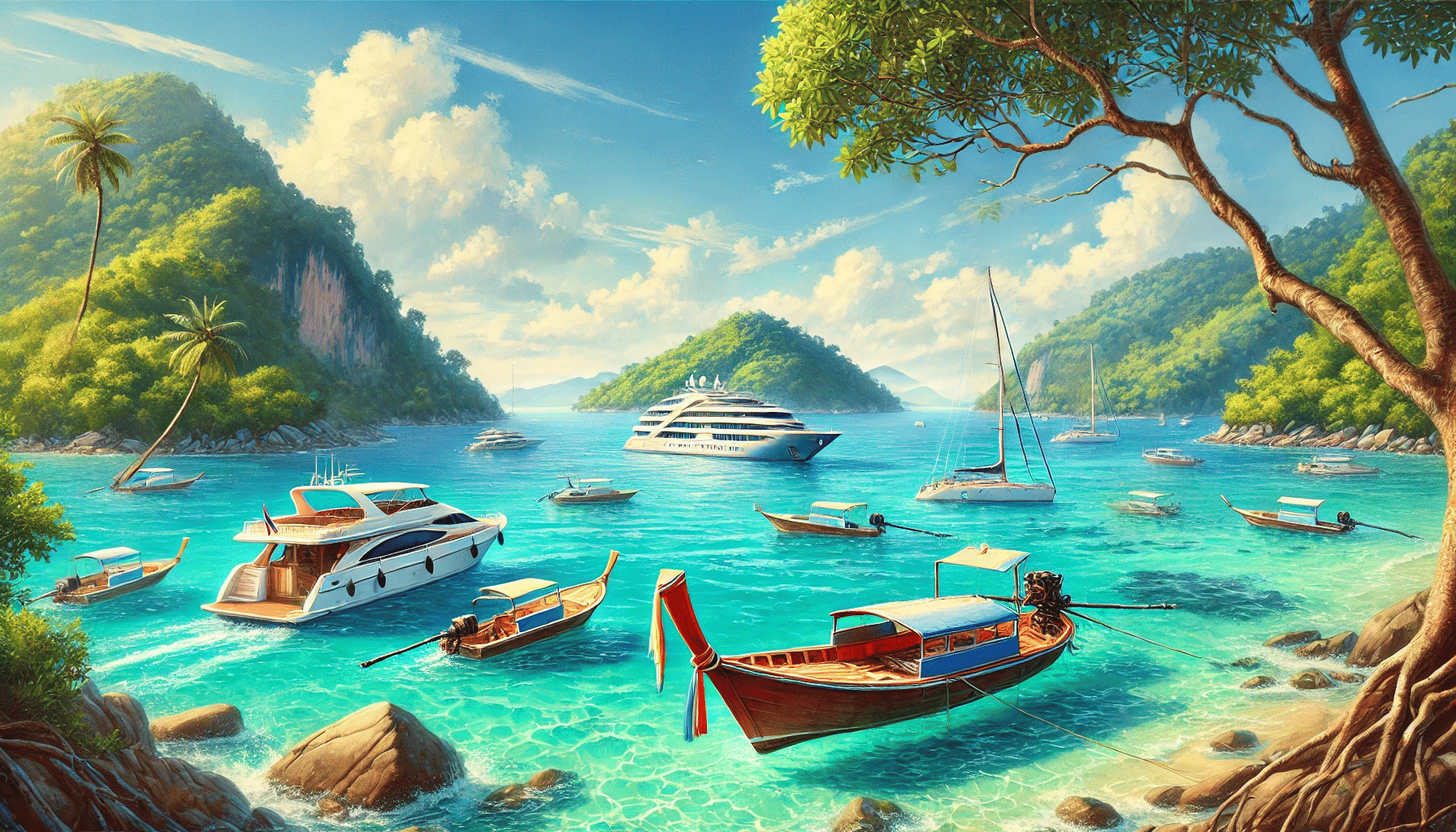 Vibrant ocean scene in Phuket with longtail boats and yachts beaches tours