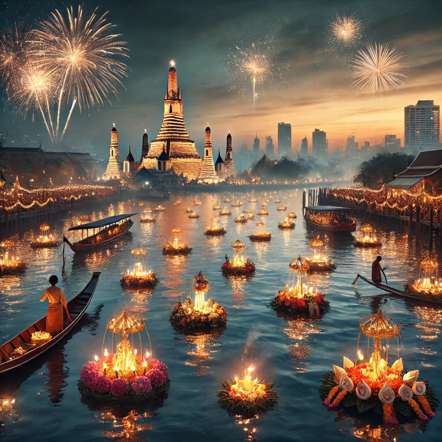 Bangkok Loy Krathong Festival a magical dreamy scene of lanterns and fireworks on the river in Bangkok with the Palace