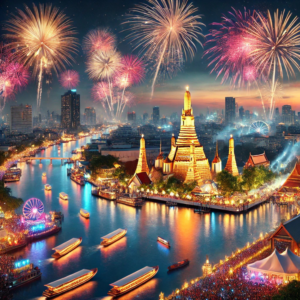 a gorgeous vibrant colourful aerial drone shot of Bangkok New Year’s Eve 2026