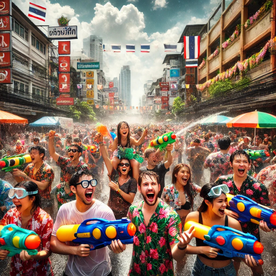huge crown of party goers with water guns having a water fight during Bangkok Songkran festival Thailand