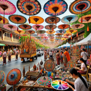 a bustling colourful scene of hanging umbrellas and people at Bo Sang Umbrella and Sankhampaeng Craft Festival