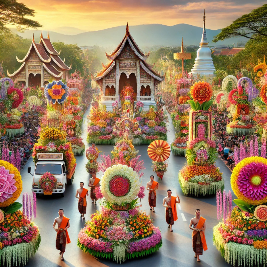 Thai locals monks and amazing flowers at the Chiang Mai Flower Festival