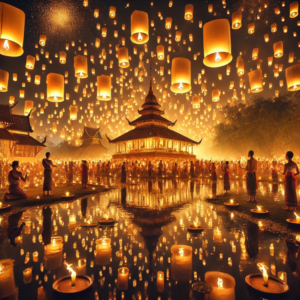 a sky full of lanterns and water full of krathongs at Chiang Mai Yi Peng Lantern Festival