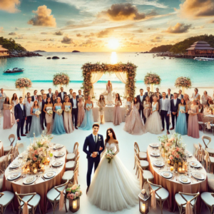 a large group wedding photo about to dine on the beach at sunset