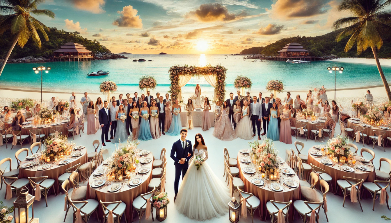 a large group wedding photo about to dine on the beach at sunset