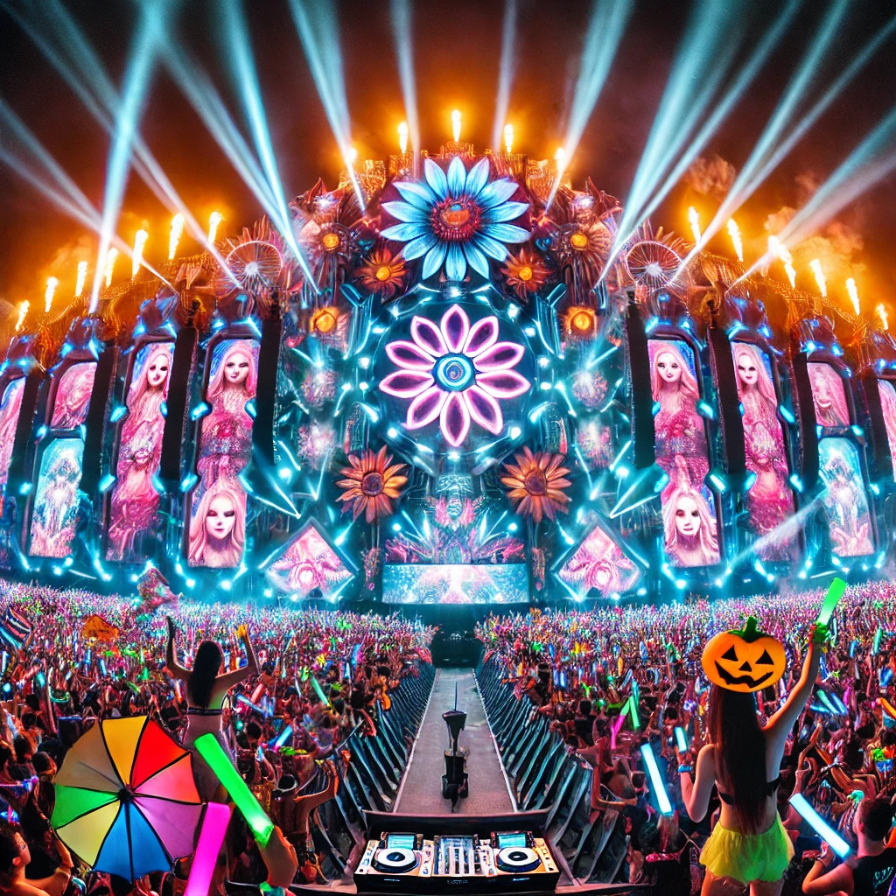 Festival goers dancing hard at the EDC Thailand (Electric Daisy Carnival) in Phuket