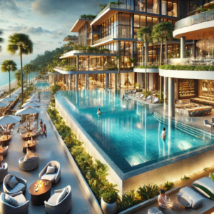 a gorgeous 5 star hotel pool scene by the beach in Thailand
