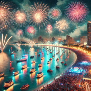 a vibrant energetic colourful scene of fireworks exploding in the sky at Pattaya International Fireworks Festival