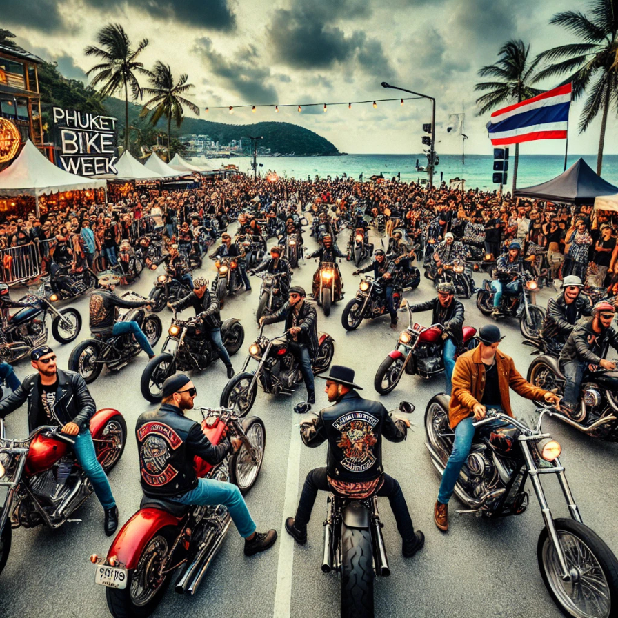 a large group of people on motorbikes gathered by the ocean in Phuket during Bike Week