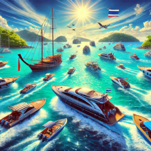 a busy harbour full of different moving boats on tours in Phuket