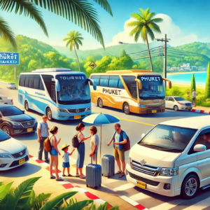 a mini van buses are private cars parked by the ocean for Phuket transport