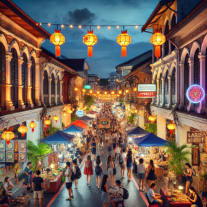 a busy scene of people and food and market stalls at Sunday Walking Street Market Phuket Town Lard Yai