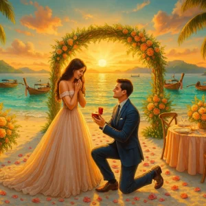 A groom on one knee presenting the ring to his bride at a beach wedding ceremony