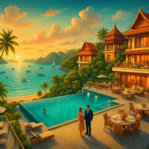 guests on a scenic pool terrace at a hotel in Phuket, overlooking the ocean