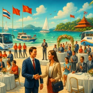 a busy MICE group booking function by the beach in Phuket