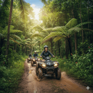 A group of adventurers on ATVs riding through a well-maintained dirt trail in a vibrant, green Phuket jungle, demonstrating an exciting yet sustainable land tour activity with minimal environmental impact.