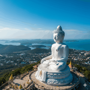 The magnificent white marble Big Buddha statue atop Nakkerd Hill in Phuket, gleaming under a clear blue sky, with panoramic views of the surrounding islands and coastline visible in the background, representing a significant cultural landmark.