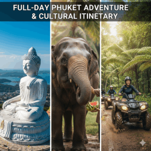 A dynamic collage or multi-panel image showing various activities of a full-day Phuket tour: the Big Buddha, an elephant sanctuary (ethical interaction), and an ATV ride through the jungle, representing a comprehensive and diverse itinerary.