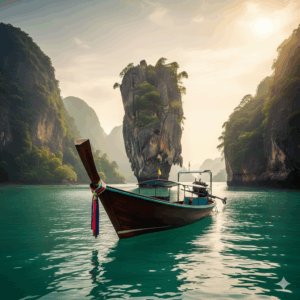 A traditional Thai longtail boat gently floating in front of the distinctive limestone stack of Ko Tapu, also known as James Bond Island, in Phang Nga Bay, surrounded by serene green waters and lush mangrove forests.