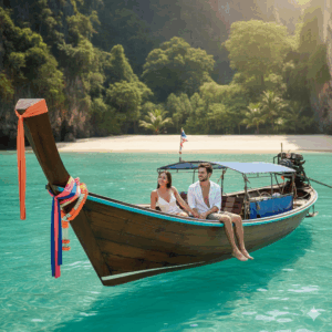 A couple relaxing on a private, decorated longtail boat, with no other tourists in sight, enjoying the stunning clear waters and a secluded beach cove with lush greenery in the background during a sunny day in Phuket.