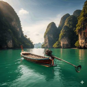 A classic wooden longtail boat with a distinctive long propeller shaft at the back, navigating through the emerald-green waters of Phang Nga Bay, with towering limestone karsts and lush greenery in the background under a sunny sky.