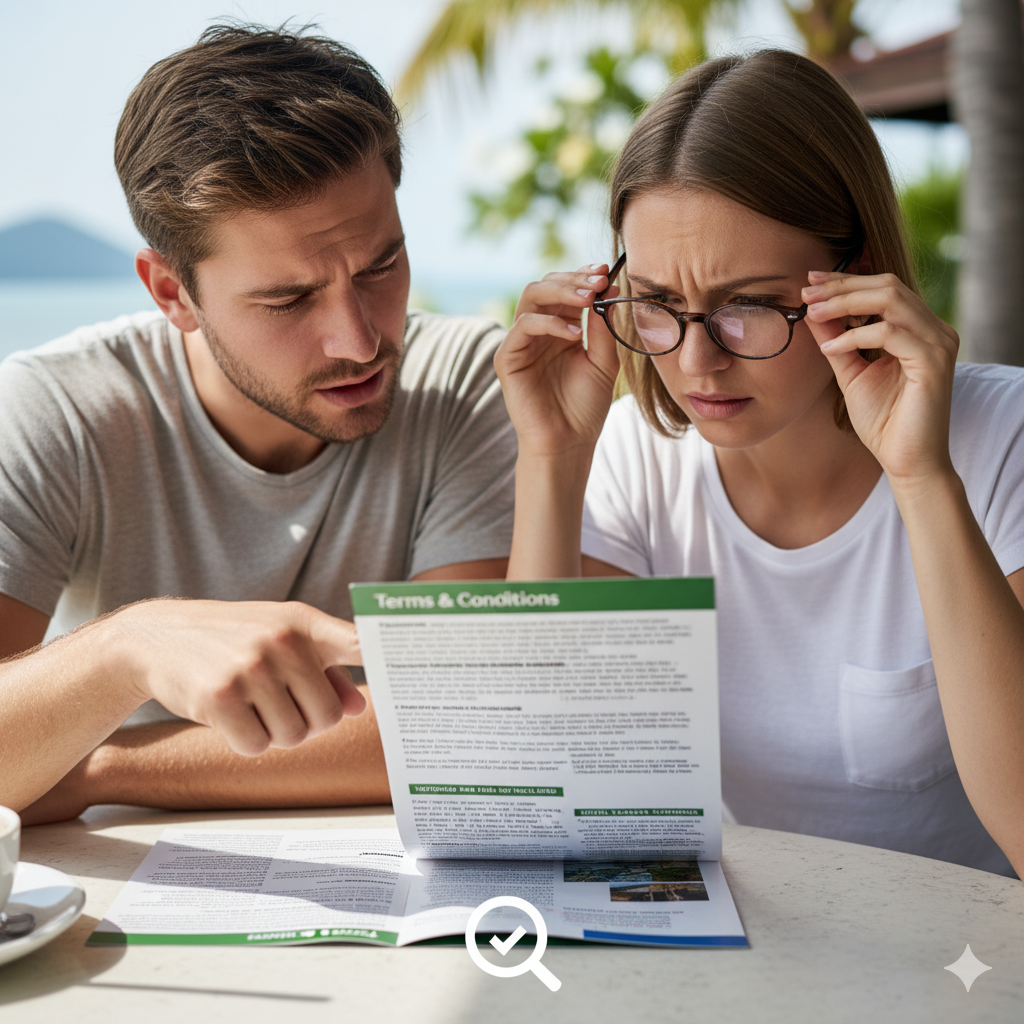 A tourist couple looking closely at small print on a tour brochure, highlighting the importance of checking details like hidden fees.