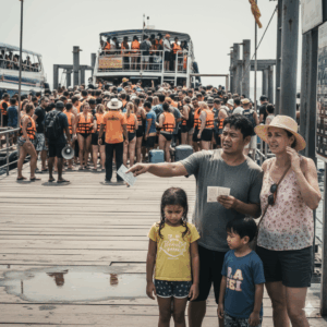 A family of tourists looking confused and unhappy at a very crowded, chaotic boat pier in Phuket, illustrating a tour mistake.