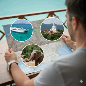 A tourist looks at a map of Phuket, with images of a speedboat, a temple, and an elephant sanctuary representing the choices.