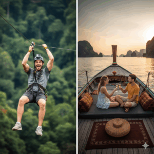 A split-screen image showing a person ziplining for adventure travel and a couple on a romantic boat tour.