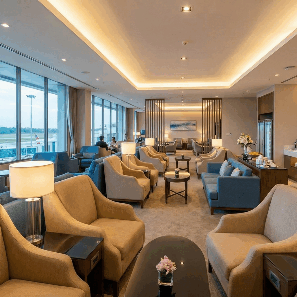 The luxurious interior of the Coral Executive Lounge at Phuket Airport featuring plush seating, large windows, and a refreshment bar for VIP travelers.