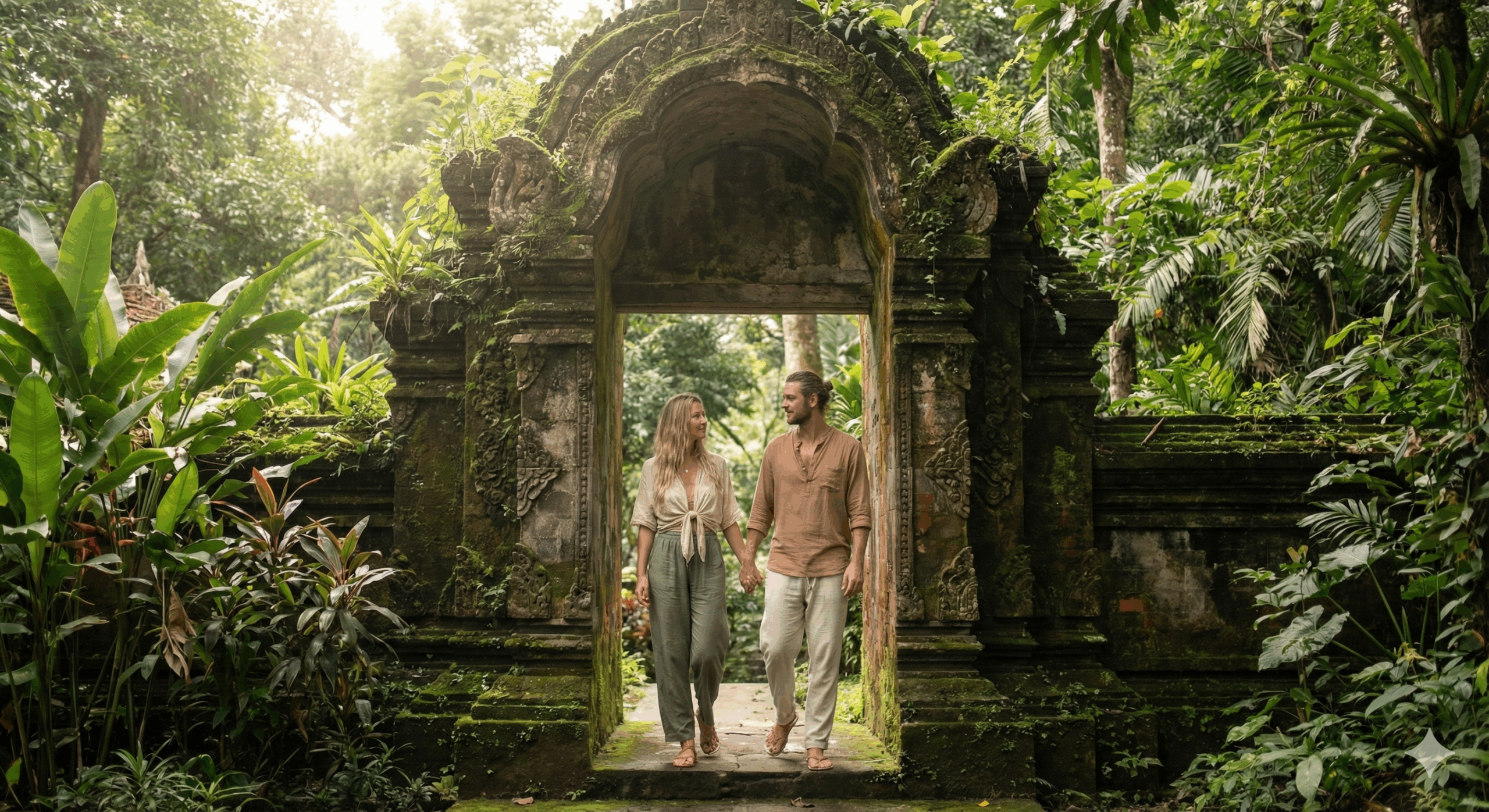 A couple walking hand-in-hand through a beautiful, ancient temple gate in Phuket surrounded by lush greenery, with no other tourists in sight.