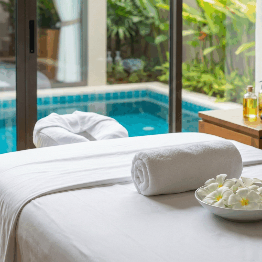 A detail shot of a professional massage table set up inside a luxury villa room with towels, oils, and flowers, looking out onto a private pool.