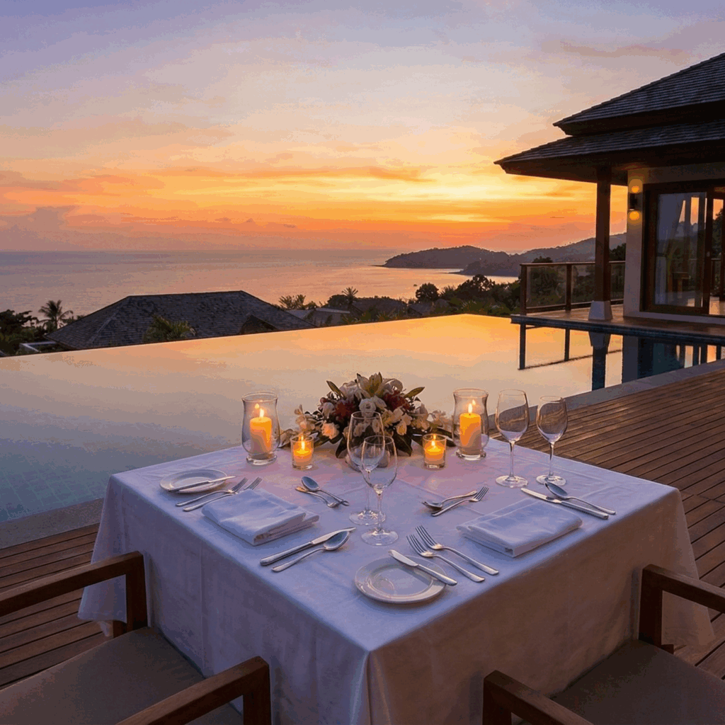 A beautifully set dining table with candles and wine glasses on a private villa terrace overlooking an infinity pool and the ocean during a Phuket sunset.