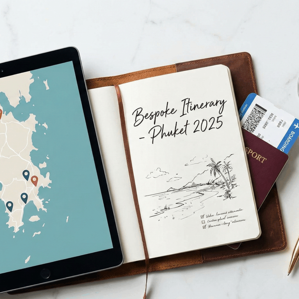 A high-end flat-lay photograph on a marble table featuring a tablet with a map of Phuket, a notebook with "Bespoke Itinerary" written on it, a passport, and a glass of champagne.