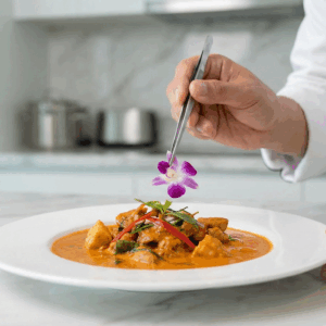 Close-up of a professional private chef delicately garnishing a gourmet Thai dish with an edible orchid using tweezers in a modern luxury villa kitchen.