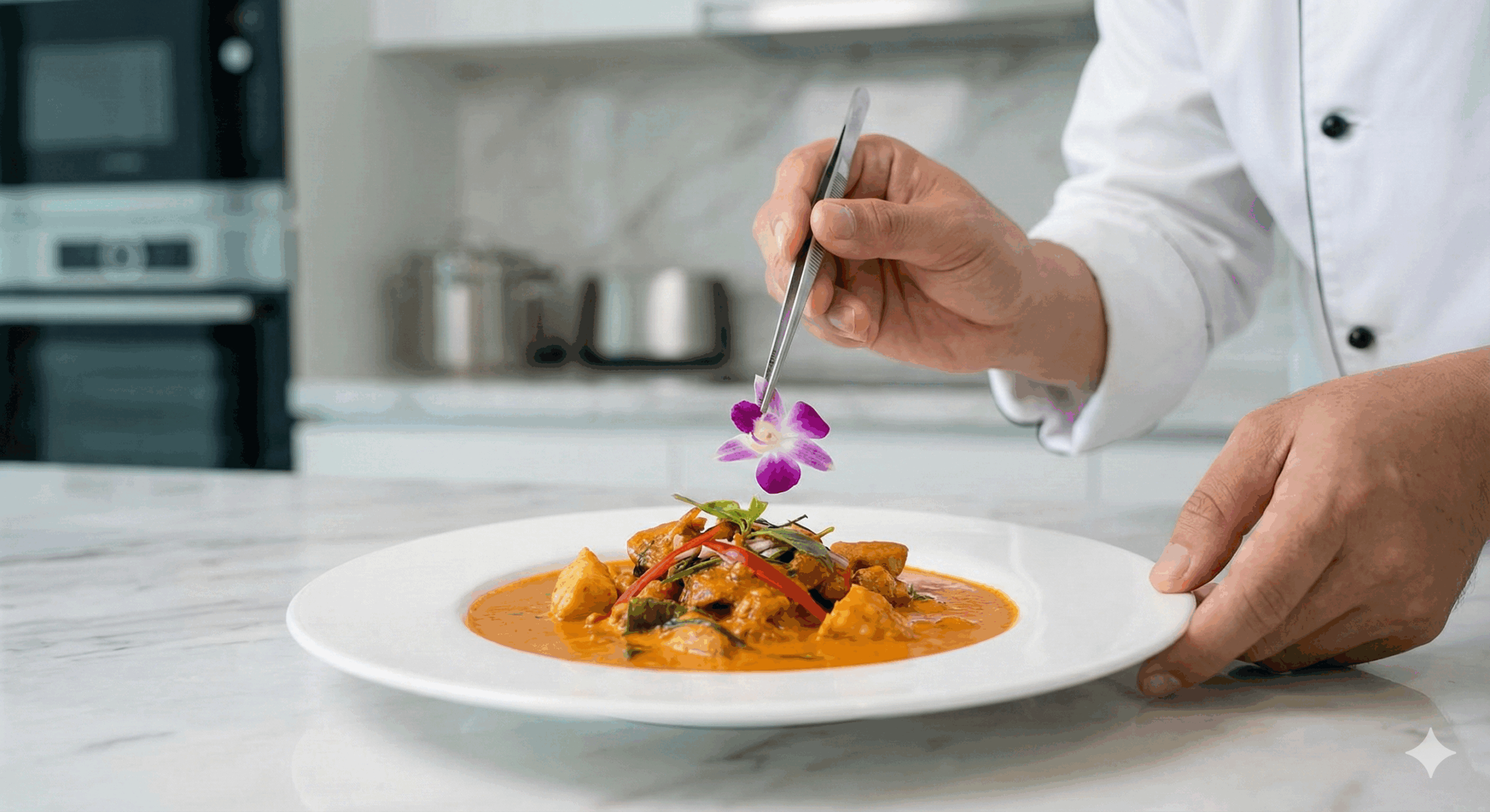 Close-up of a professional private chef delicately garnishing a gourmet Thai dish with an edible orchid using tweezers in a modern luxury villa kitchen.
