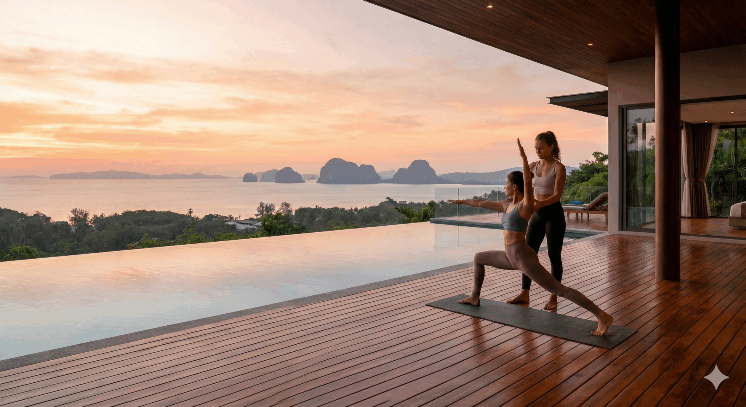 A woman practicing yoga with a private instructor on the wooden deck of a luxury villa in Phuket, overlooking the ocean at sunrise.