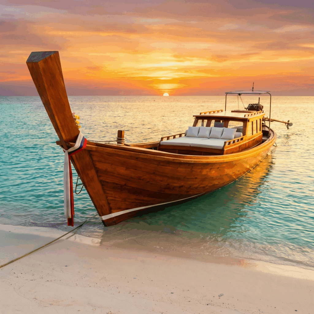 A private luxury wooden longtail boat anchored on a secluded white sand beach during a beautiful sunset in Phuket, with no other people in sight.