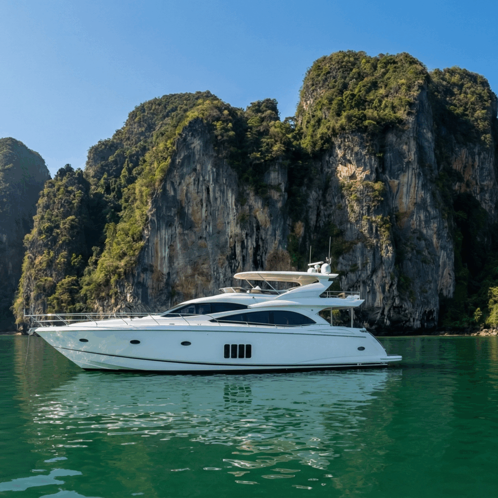 A sleek white private motor yacht anchored near the limestone cliffs of Phang Nga Bay, Thailand, reflecting in the emerald green water.