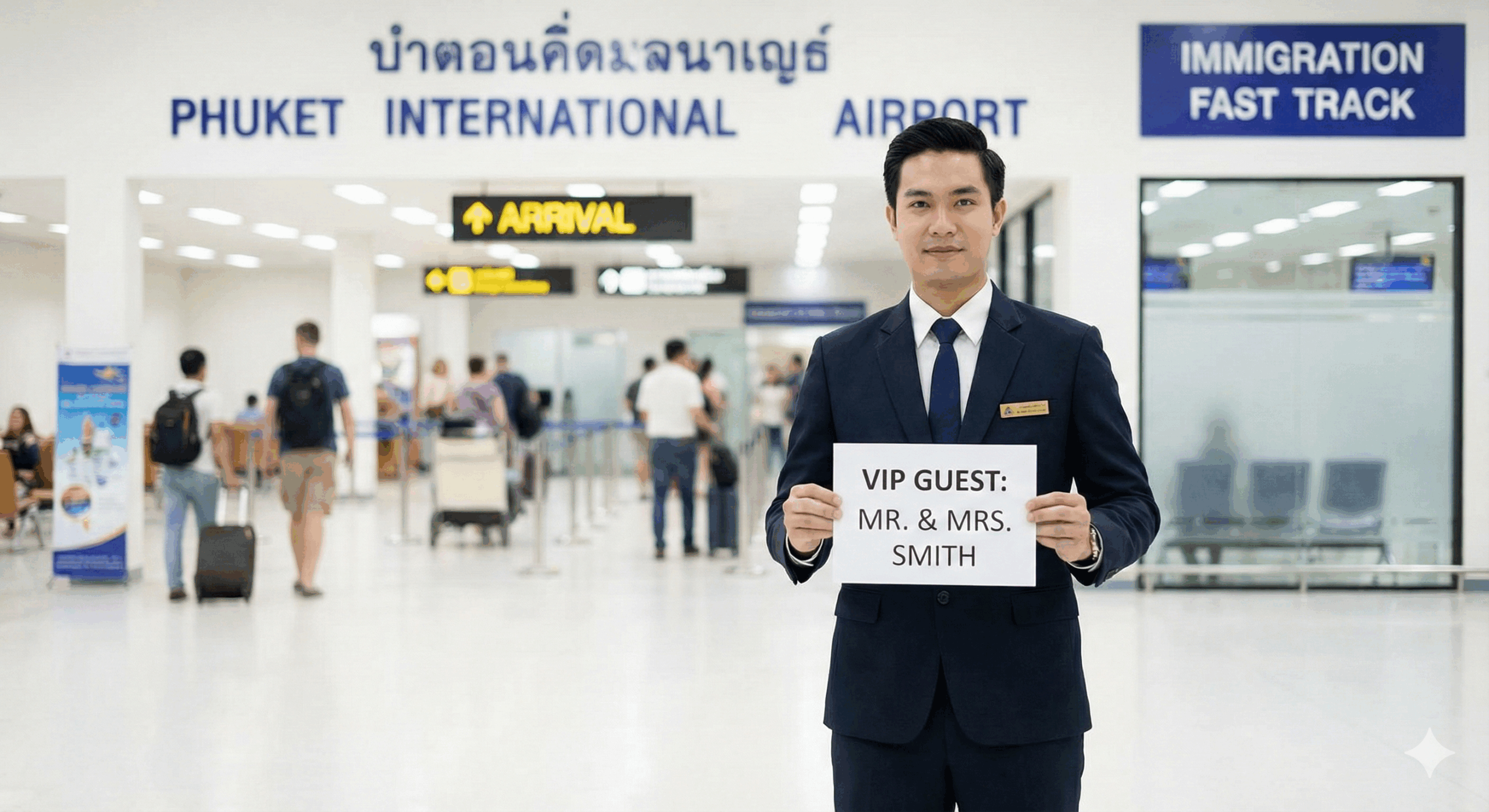 A professional VIP Fast Track greeter in a suit holding a personalized guest name sign at the Phuket International Airport arrival hall.