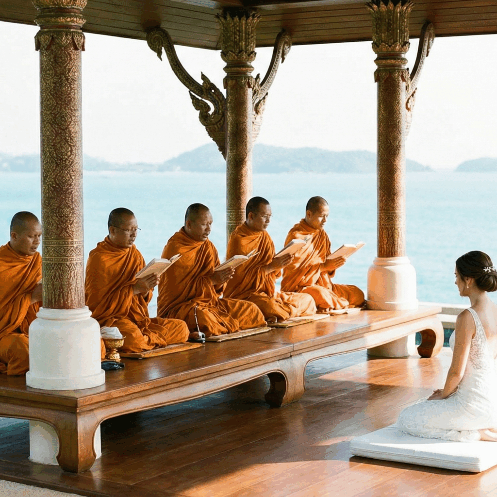 Buddhist monks in saffron robes chanting for a bride and groom during a morning wedding blessing in Phuket.