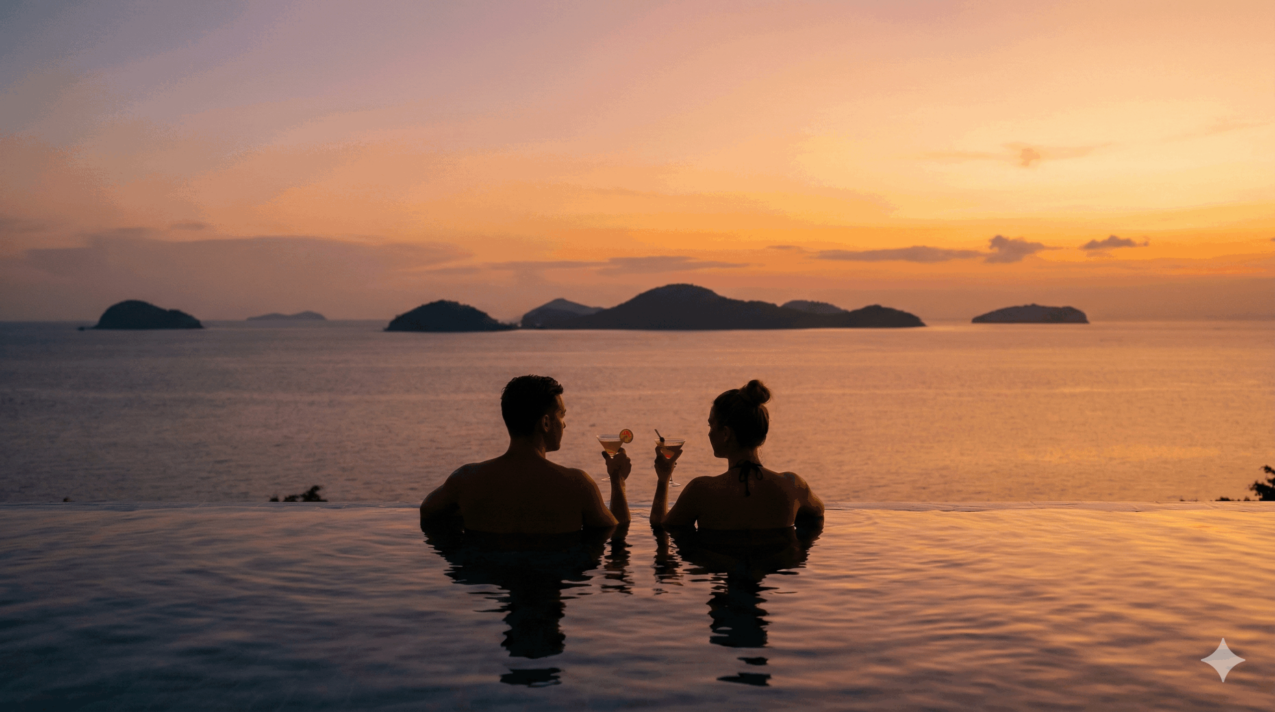 A romantic couple enjoying a sunset drink in an infinity pool overlooking the ocean in Phuket.