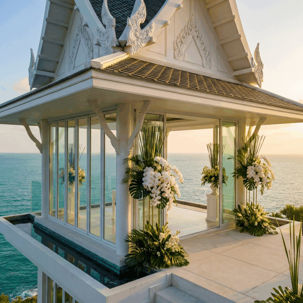 An ornate white wedding pavilion with ocean views at a luxury resort in Phuket at sunset.