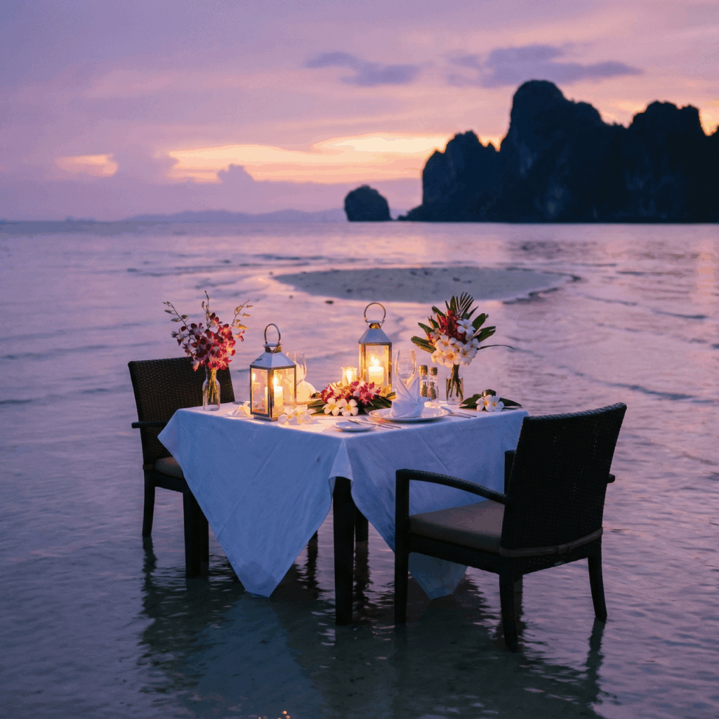 Romantic private dinner setup on a sandbar in Phuket at sunset.