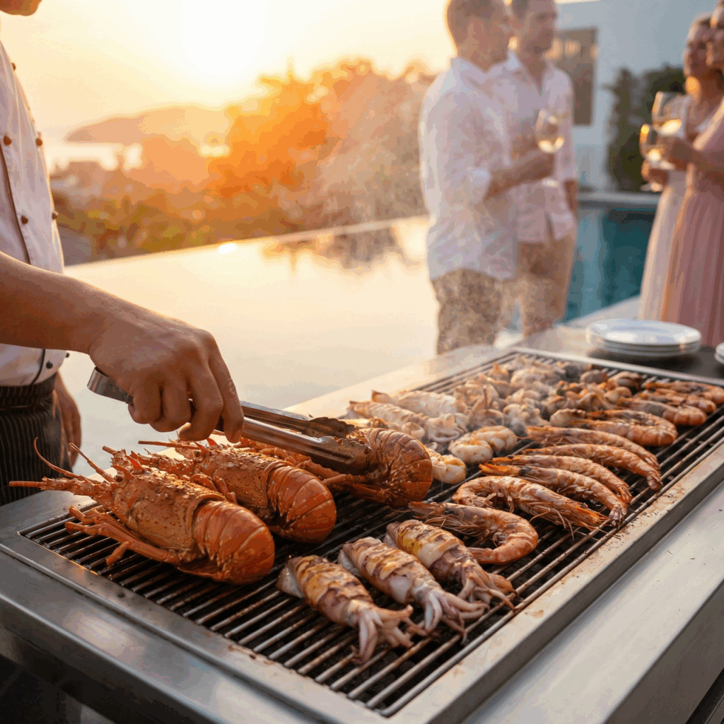 Private chef cooking fresh seafood BBQ for a wedding reception at a villa in Phuket.