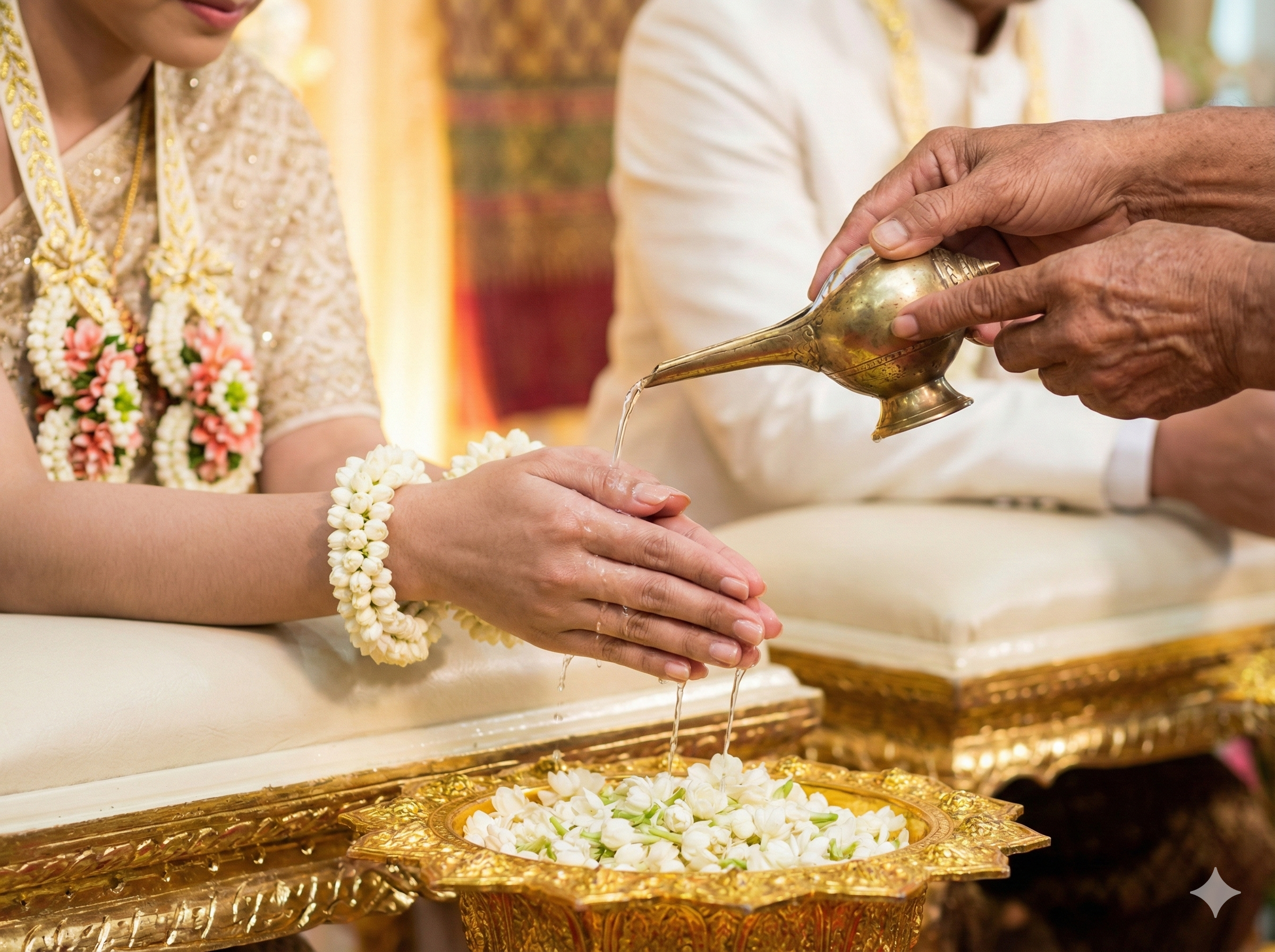Close up of water being poured from a conch shell over a bride and groom's hands during a Thai wedding ceremony.